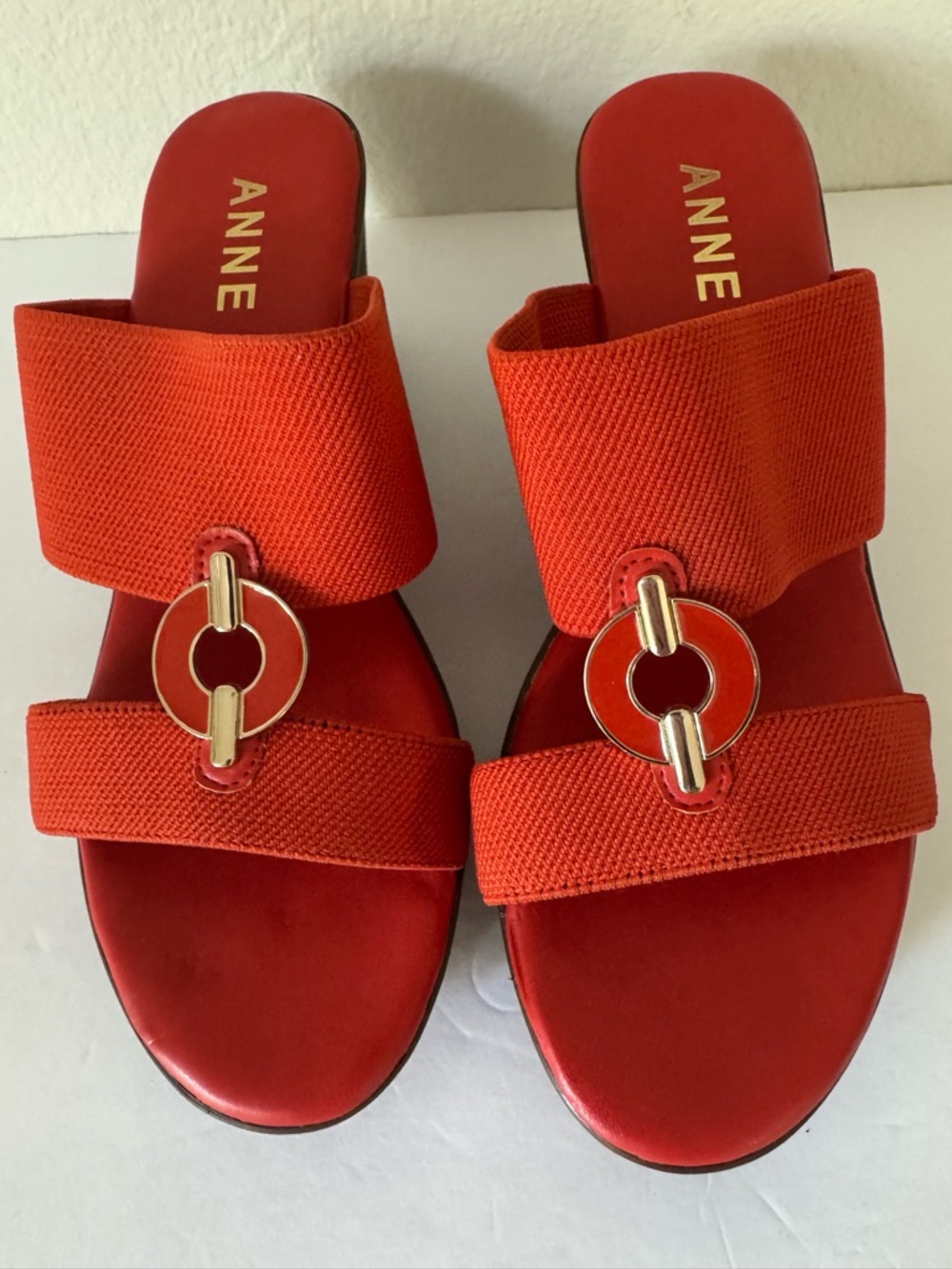 Anne Klein Orange Wedge Slide Sandals with Gold Ring Accent